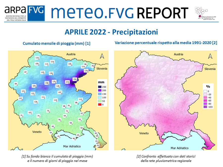 Precipitazioni di aprile 2022 in FVG (cumulati mensili e variazione percentuale rispetto alla media 1991-2020)