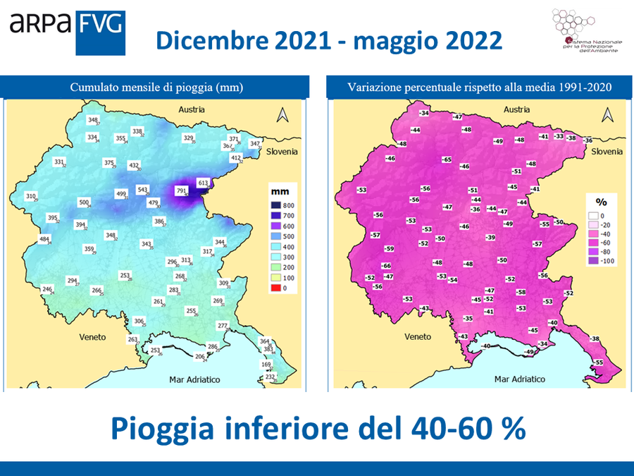 Fig. 1 - mappe di pioggia (cumulati e anomalie) nel periodo dicembre 2021 – maggio 2022 in FVG