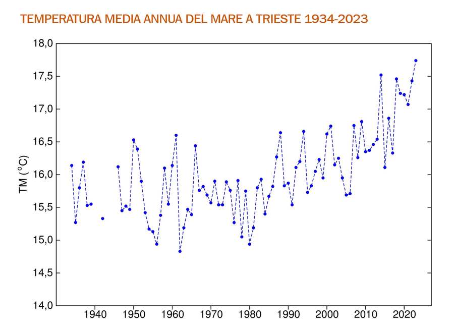 Temperatura media annuale (TM) dal 1934 al 2023, osservata a 2 m di profondità (curva blu). (Dati: CNR-ISMAR, Trieste; Rete meteorologica regionale)