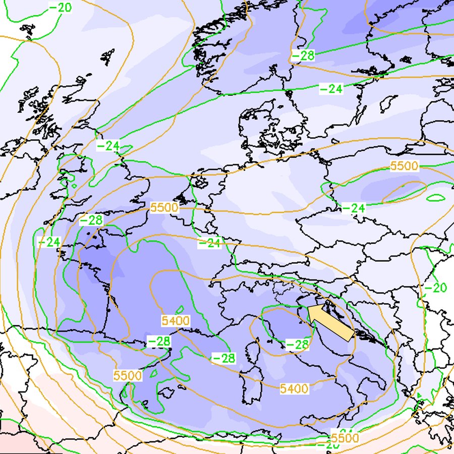 mappa del geopotenziale a 500 hpa (linee arancioni...