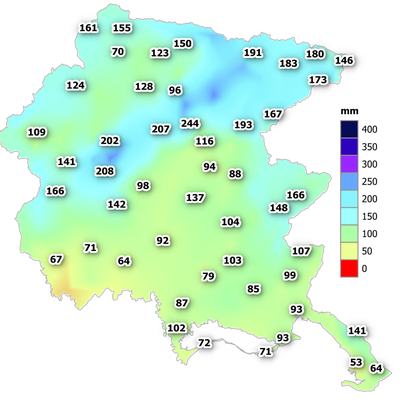 Precipitazioni di agosto 2026 in FVG: cumulato mensile di pioggia (i numeri indicano il cumulato di pioggia espresso in mm per le diverse stazioni).
