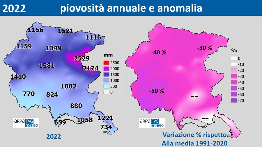 Fig. 4 - Precipitazioni cumulate dell’anno 2022 e variazione percentuale rispetto alla climatologia del trentennio 1991-2020