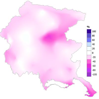 Mappa tematica con confini regionali che rappresenta valori percentuali tramite scala cromatica da -100% a 100%; prevalgono tonalità rosa, con aree più intense al centro e nelle zone costiere sud-orientali.