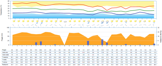 Meteogramma di agosto 2026 per la stazione di Tolmezzo. Sono riportati: temperatura massima, media e minima, stato del cielo, vento, pioggia, radiazione.